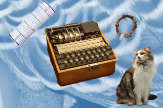 Two models of the enigma machine, a morse code bracelet, and a cat