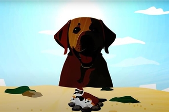 A cartoon of a dog looking over a nest with a bird and chicks in