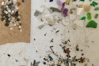 Small pieces of different types of plastic sorted into groups
