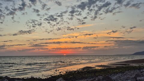 A beach at sunset.